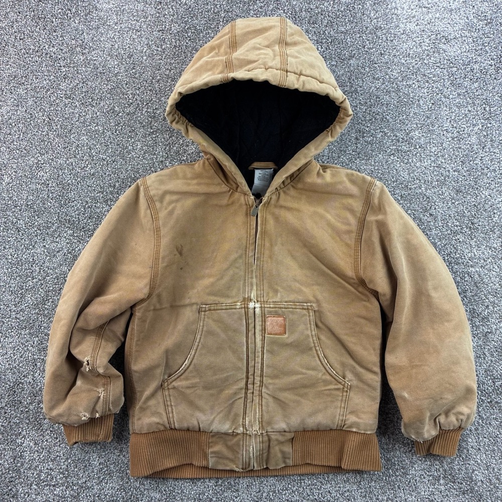 Carhartt Canvas Jacket Youth Kids S (8/10) Brown Quilted Lined Workwear Hooded